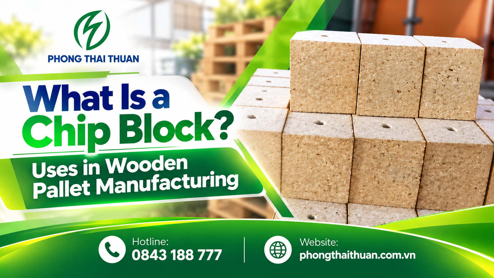 Compressed wood chip blocks are engineered components used in pallet manufacturing.